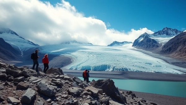 Hikers observing melting glacier effects in a stunning mountain landscape.