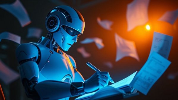 AI training method for small models concept: humanoid robot writing in digital notebook.