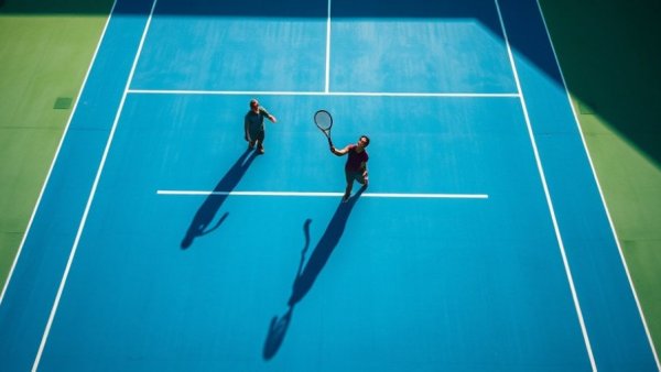 Tennis player serving on vibrant court, discussing mindfulness.