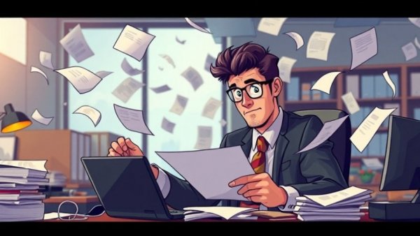 Cartoon businessman sorting documents in office, Japan crypto financial products classification.