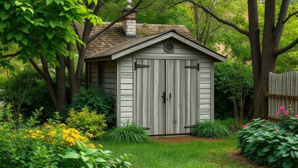 Rustic storage shed in lush garden, air sealed or ventilation needed.