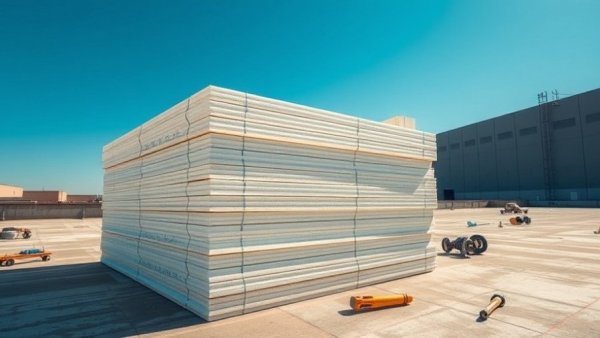 Polyiso boards on warehouse roof ready for installation, clear sky.