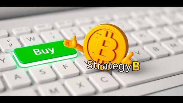 Cartoon Bitcoin character on keyboard near green 'Buy' button, Strategy B.