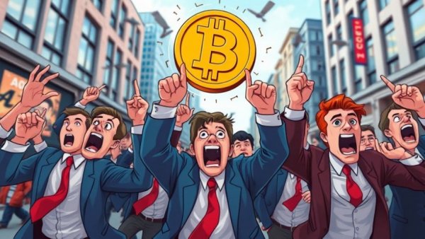 Cartoon businessmen panicking under falling Bitcoin and graphs; Bitcoin price drop analysis.