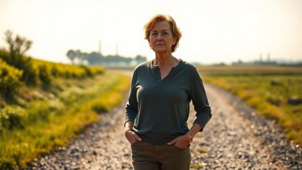 Middle-aged woman on rural path near oil waste pits Texas