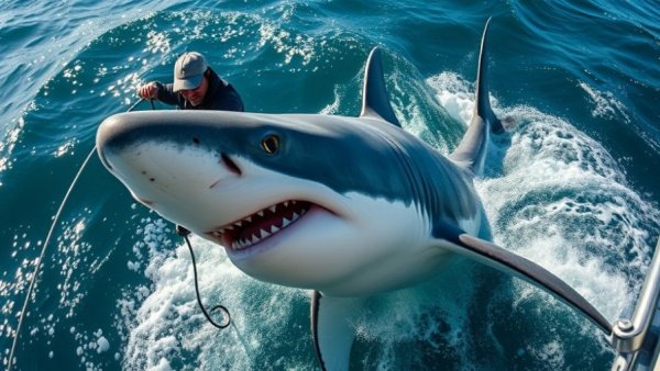 Great White Shark Contender East Coast near boat with researcher handling.