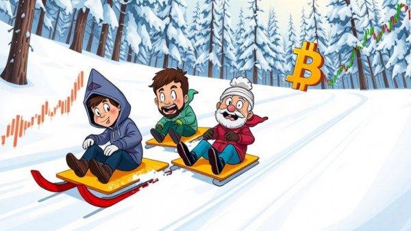 Humorous cartoon of Ethereum and Bitcoin icons sledding through a financial chart.