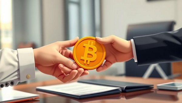 Bitcoin-backed lending illustrated with symbolic hand exchange.