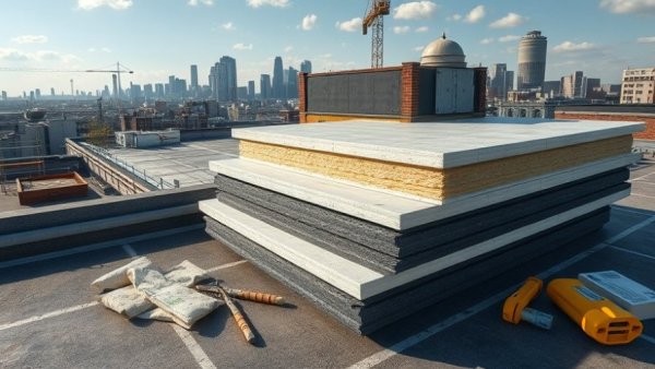 Flat roof insulation materials on urban rooftop, with cityscape backdrop.