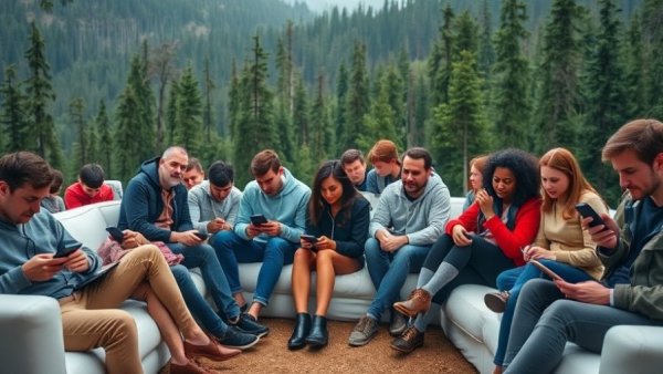 Attendees at COP30 climate conference using devices in forest backdrop.