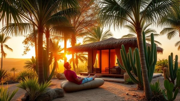 Bamboo eco-lodge surrounded by greenery at sunset.