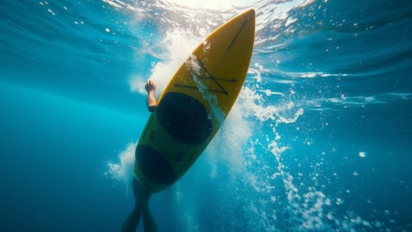 Dramatic scene of kayak capsizing at sea with person underwater.