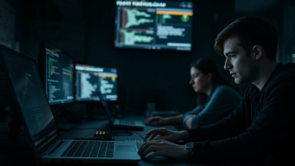 Focused programmers working on Grok 4.1 software in a dimly lit room.