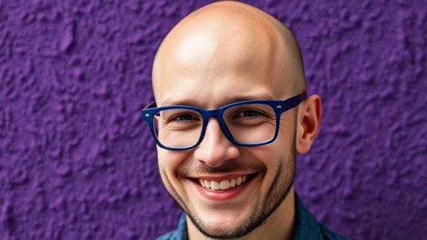 Smiling man with blue glasses against purple backdrop, related to Google Gemini 3 AI advancements.