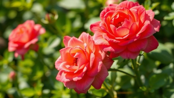 Bright moss rose flowers in garden sunlight, showcasing vivid colors.