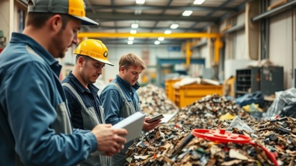 Workers sorting recyclables at a facility, highlighting falling bale prices impact.