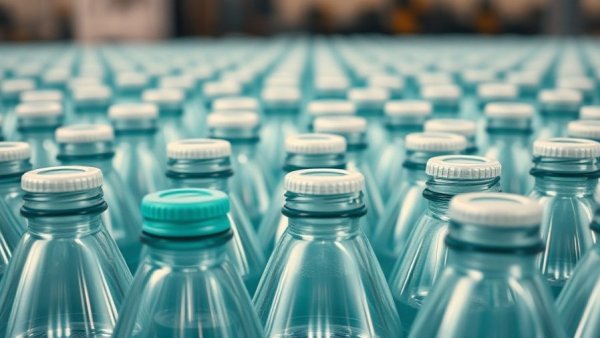 PET recycling industry growth highlighted by rows of plastic bottles.