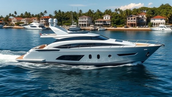 Feadship 87 Sportfish for Sale cruising on a serene waterway.