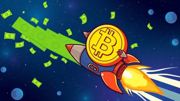 Cartoon Bitcoin character flying on rocket, symbolizing investment returns.