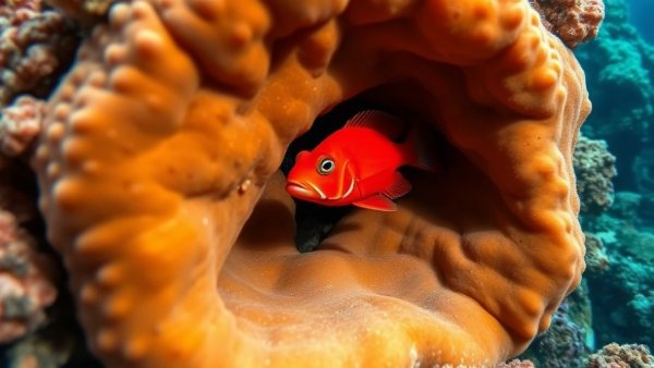 Vibrant red fish in Great Amazon Reef exploring coral, Brazil Oil Drilling Great Amazon Reef System.