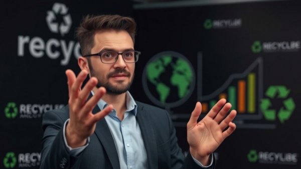 Business professional discussing plastic waste solutions, highlighting recycling rate.