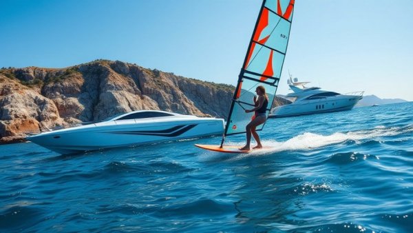 Duotone Girl wing foiling near yacht and coast, sunny adventure.