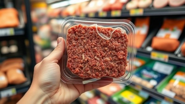 Plastic package of ground meat held by a hand in a supermarket.