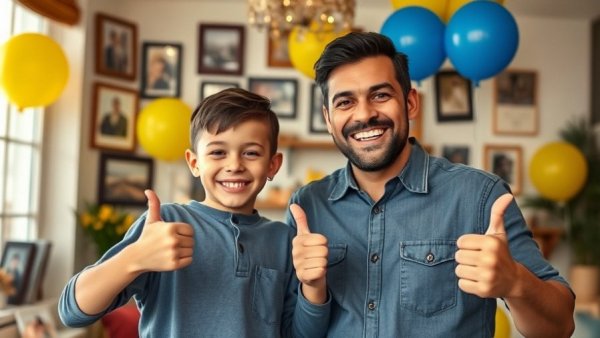 Young boy and man smiling indoors with photo frames, Surfer rescues teen paddleboard accident context.