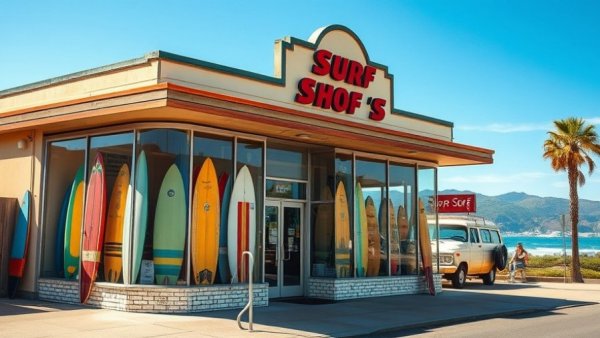 Retro surf shop showcasing surfboards under a clear sky. How Does a Surf Shop Stay Core Today?