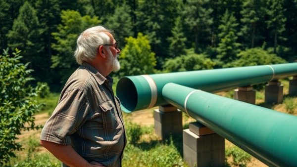 Man examining pipeline sections in Virginia forest.