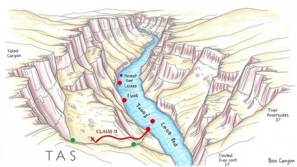 Illustrated map showing Taos Box with Class IV rapids and SOS signal.
