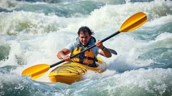 Kayaker paddling through rapids in Columbus Georgia, intense action scene