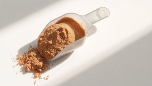 Close-up scoop of brown protein powder on white surface, highlighting potential protein content scam in supplements.