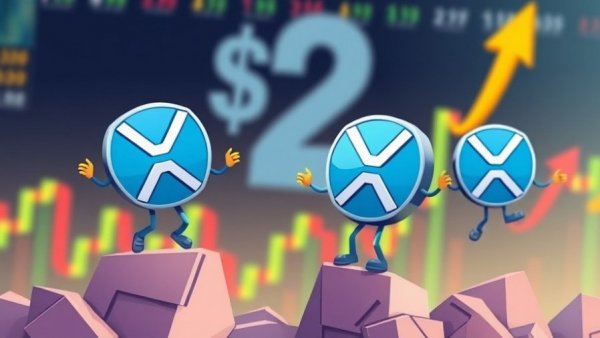 Cartoon XRP coins in action on price charts, highlighting XRP price predictions.