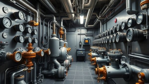 Mechanical room walls with pipes and valves in industrial setting.