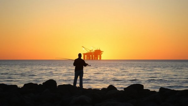 Trump offshore drilling plans highlighted by oil rig at sunset