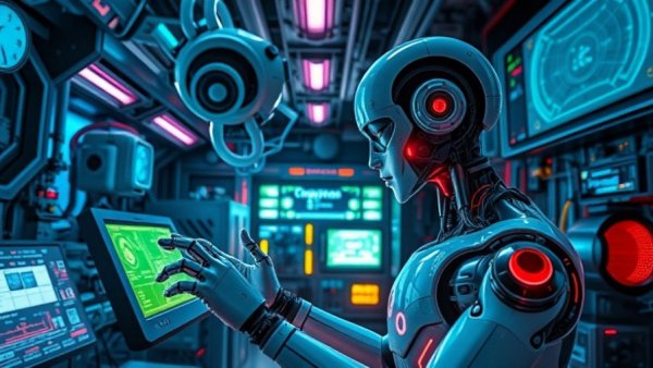 AI agent evaluation in a futuristic lab with a robot and holographic screens.