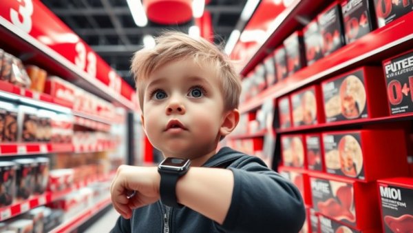 Young child exploring with a smartwatch in a vibrant red and monochrome setting.