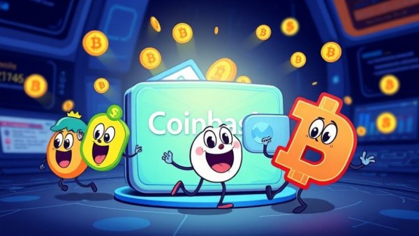 Cartoon-style Coinbase wallet migration with cryptocurrencies.