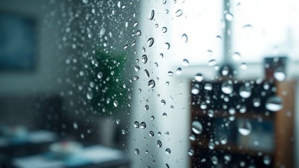 Misty glass window with condensation droplets forming.
