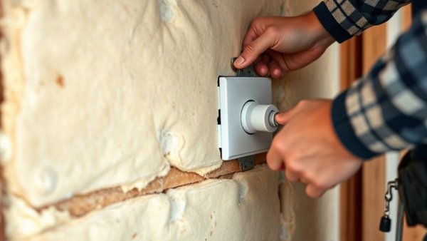 Adding outlet to wall with batt insulation, close-up view.