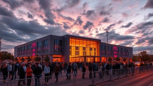 COP30 climate talks evening venue with attendees and colorful lights.