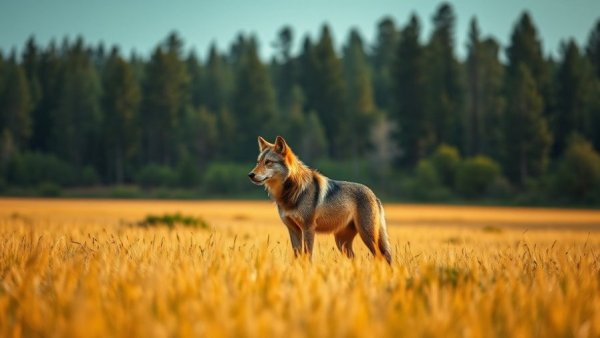 Lone wolf in golden fields, highlighting reintroduced carnivores' impacts on ecosystems.