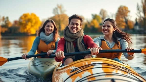 Three people kayaking on a calm river amidst autumn trees, enjoying Black Friday kayak deals.