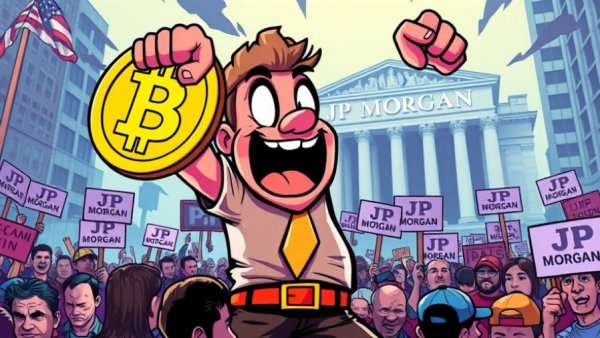 Bitcoin character leading a protest against JP Morgan.