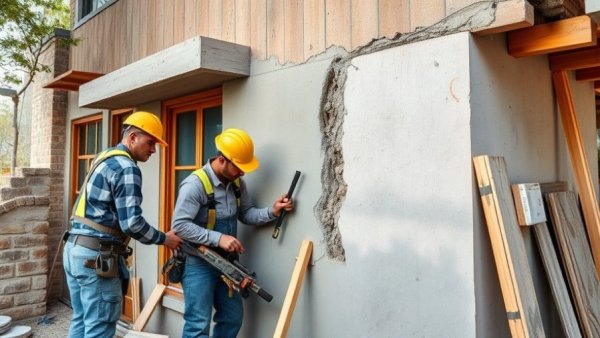 Exterior wall rehabilitation using concrete and wood; workers in action.