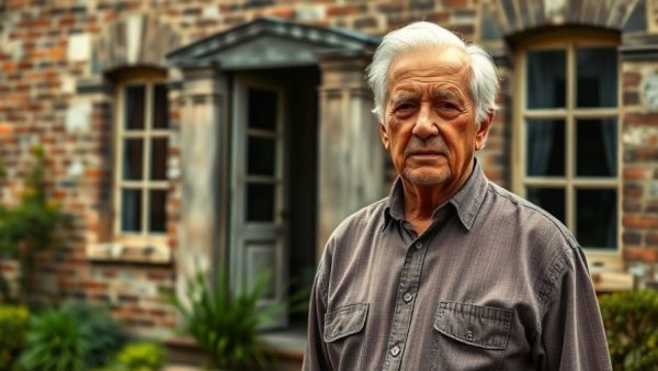 Elderly man stands outside a house, posing in daylight.