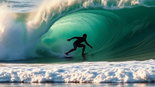Silhouette of surfer in a green wave at sunset, best winter surf trips.