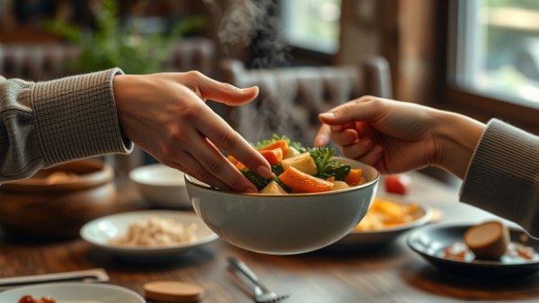 Hands sharing a bowl of vegetables, symbolizing gratitude practices for daily life.