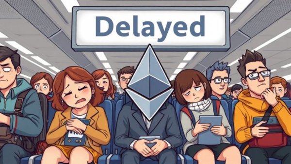 Cartoon Ethereum character with travelers waiting under a 'Delayed' sign.